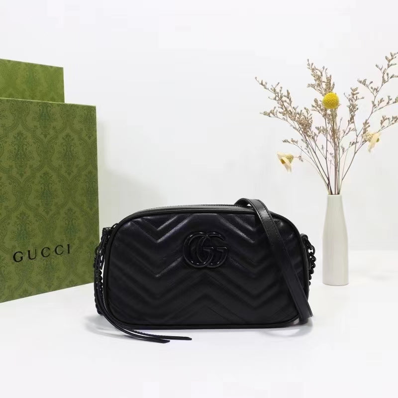 Gucci Women GG Marmont Small Shoulder Bag Black Matelassé Chevron Leather Double G