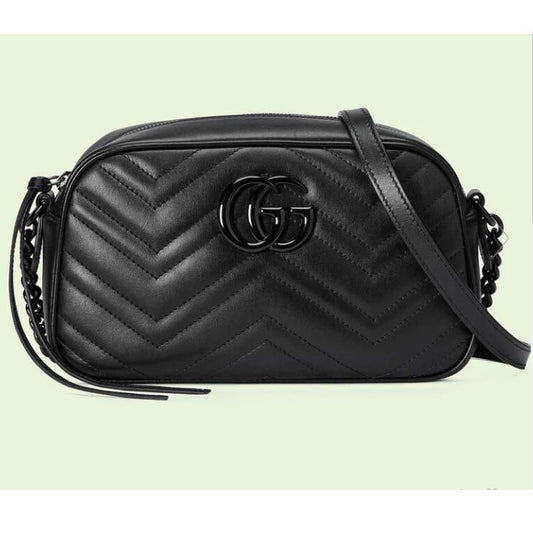 Gucci Women GG Marmont Small Shoulder Bag Black Matelassé Chevron Leather Double G