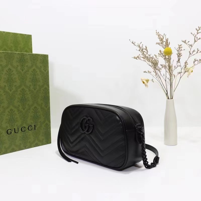 Gucci Women GG Marmont Small Shoulder Bag Black Matelassé Chevron Leather Double G