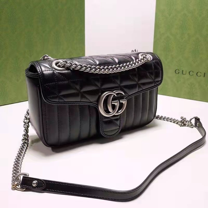 Gucci Women GG Marmont Small Shoulder Bag Black Matelassé Leather Double G