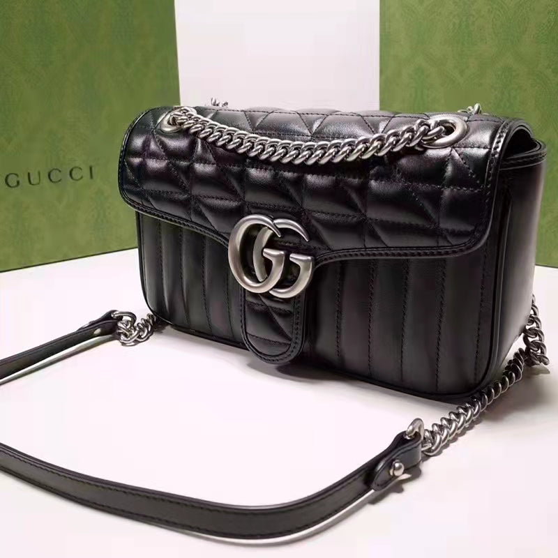 Gucci Women GG Marmont Small Shoulder Bag Black Matelassé Leather Double G