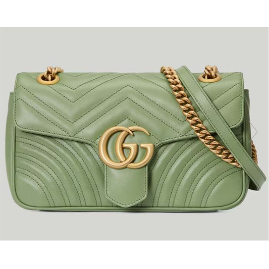 Gucci Women GG Marmont Small Shoulder Bag Sage Green Matelassé Chevron Heart