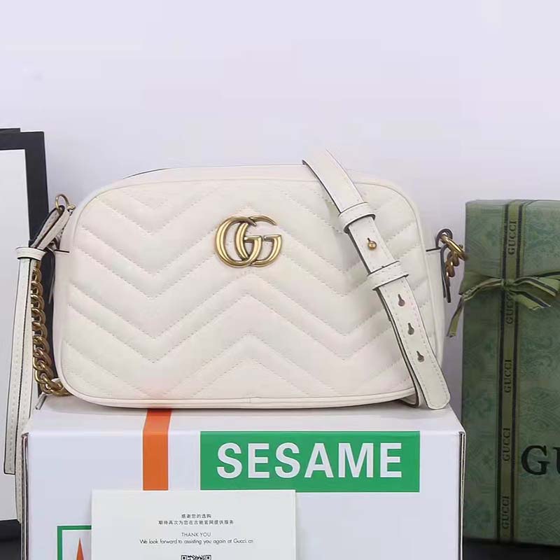 Gucci Women GG Marmont Small Shoulder Bag White Matelassé Chevron Leather