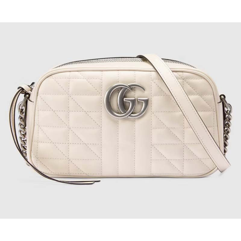 Gucci Women GG Marmont Small Shoulder Bag White Matelassé Leather