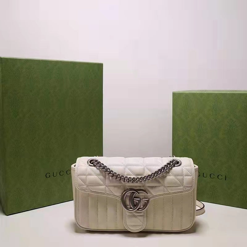 Gucci Women GG Marmont Small Shoulder Bag White Matelassé Leather Double G