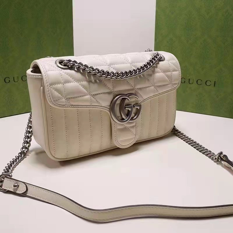 Gucci Women GG Marmont Small Shoulder Bag White Matelassé Leather Double G