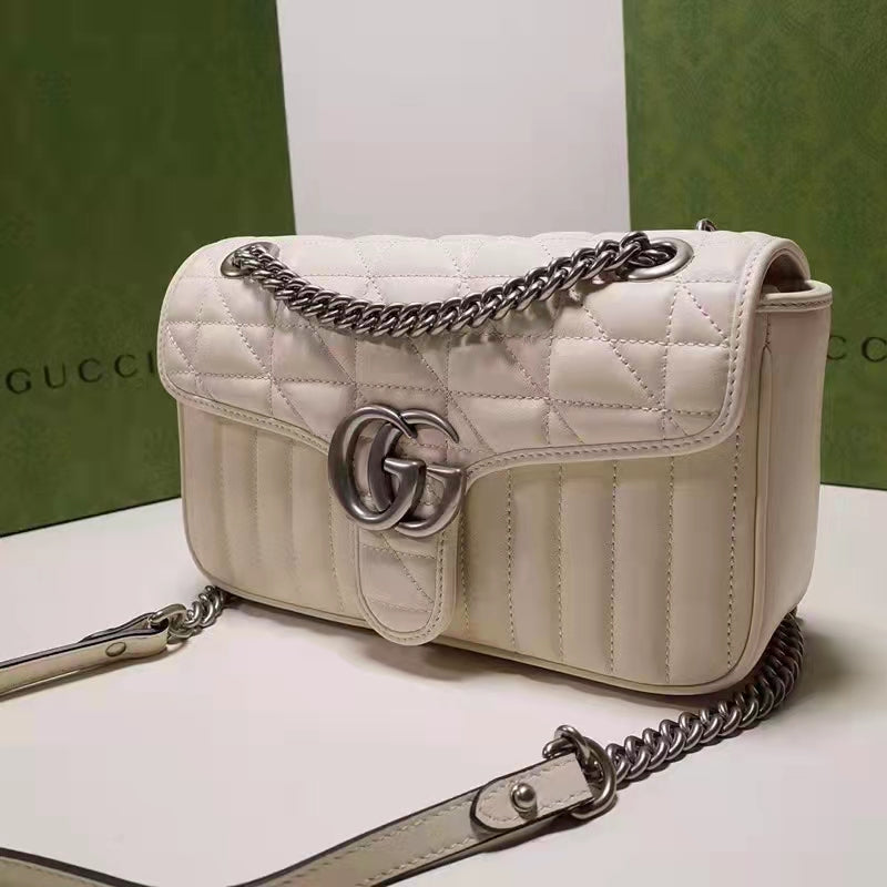 Gucci Women GG Marmont Small Shoulder Bag White Matelassé Leather Double G