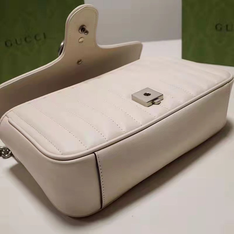 Gucci Women GG Marmont Small Shoulder Bag White Matelassé Leather Double G