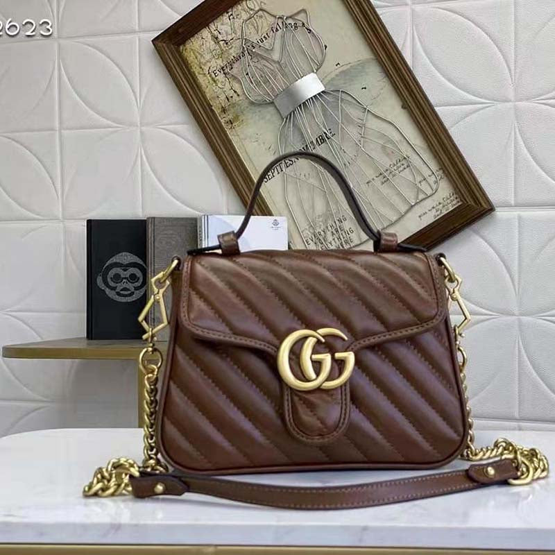 Gucci Women GG Marmont Small Top Handle Bag Brown Diagonal Matelassé Leather