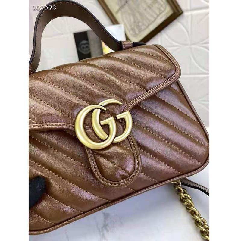 Gucci Women GG Marmont Small Top Handle Bag Brown Diagonal Matelassé Leather