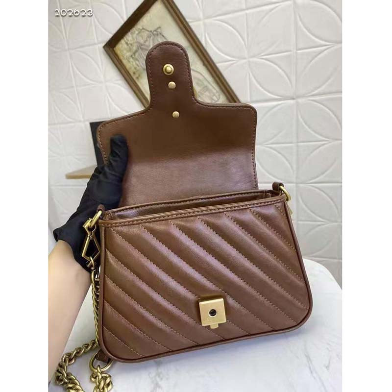 Gucci Women GG Marmont Small Top Handle Bag Brown Diagonal Matelassé Leather