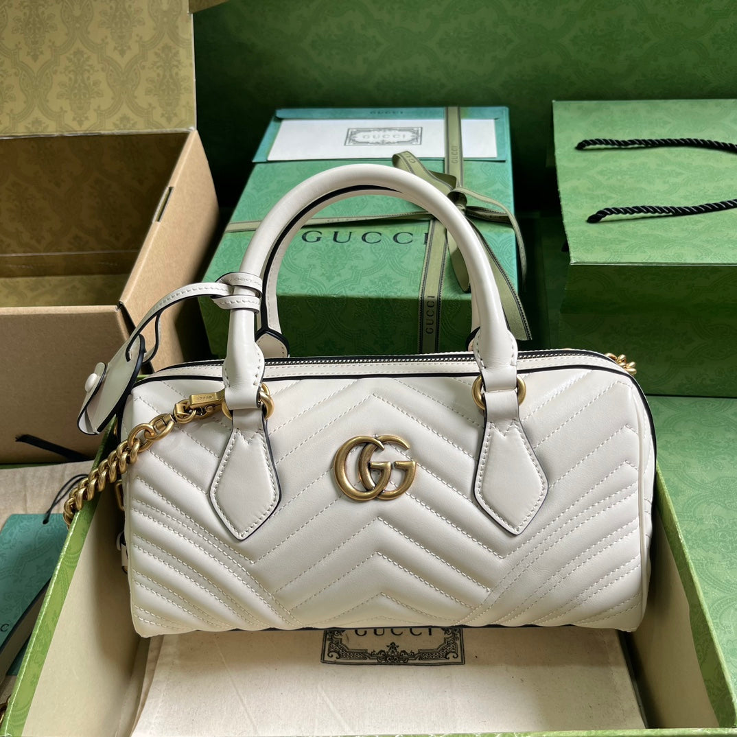 Gucci Women GG Marmont Small Top Handle Bag White Matelassé Chevron Leather