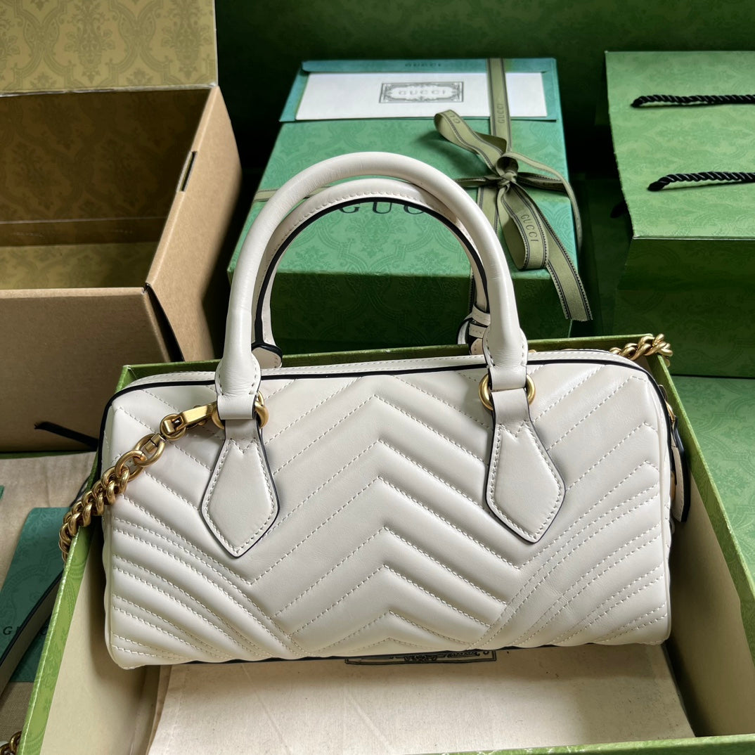 Gucci Women GG Marmont Small Top Handle Bag White Matelassé Chevron Leather