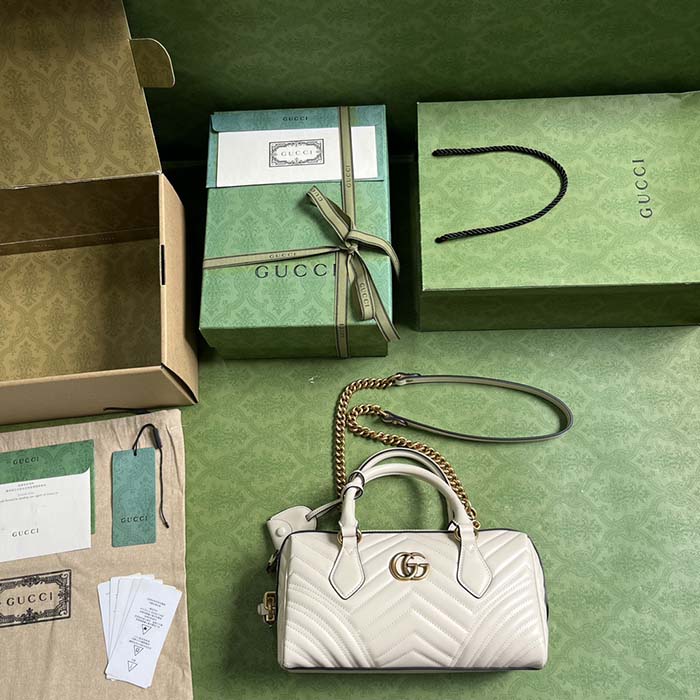 Gucci Women GG Marmont Small Top Handle Bag White Matelassé Chevron Leather