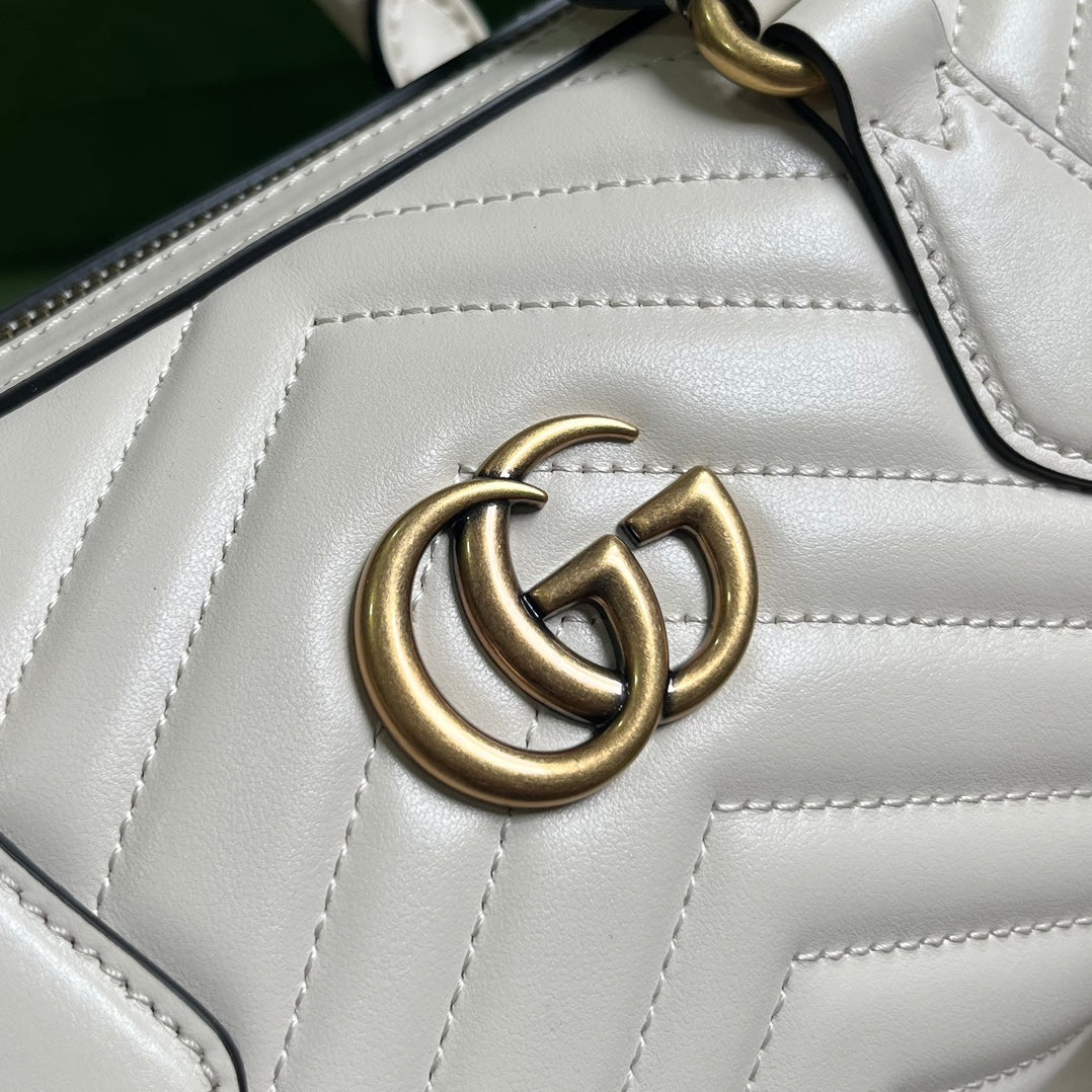 Gucci Women GG Marmont Small Top Handle Bag White Matelassé Chevron Leather