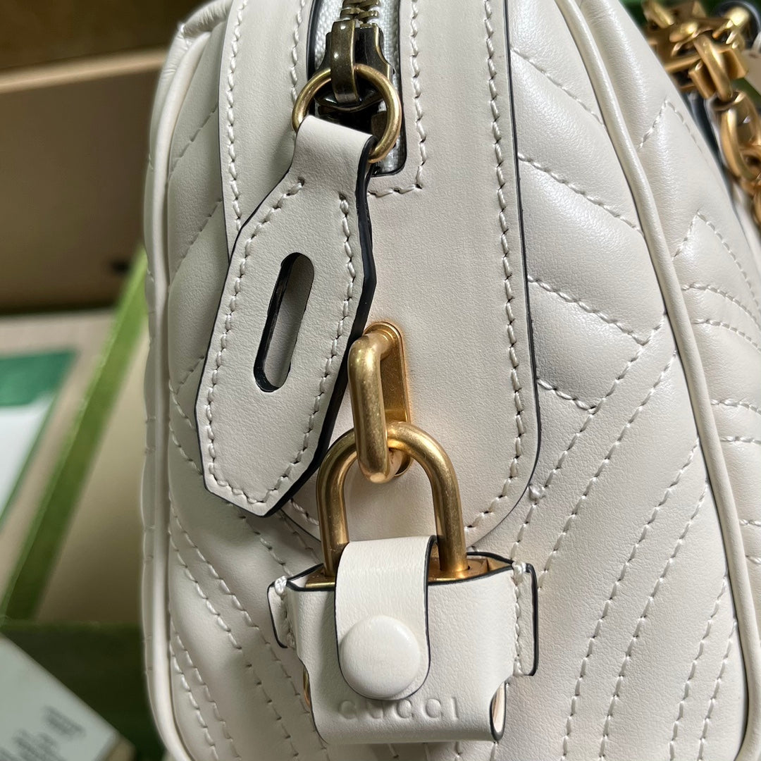 Gucci Women GG Marmont Small Top Handle Bag White Matelassé Chevron Leather