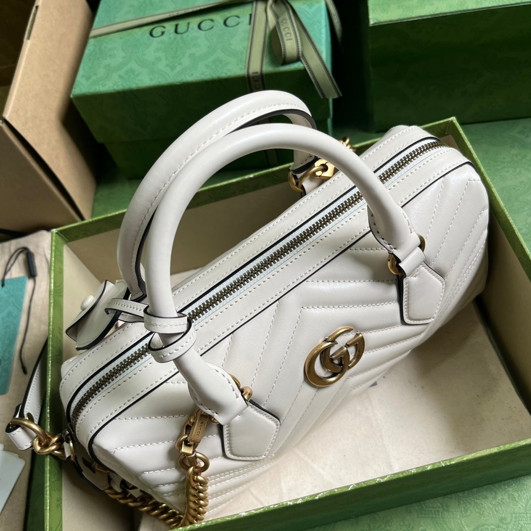 Gucci Women GG Marmont Small Top Handle Bag White Matelassé Chevron Leather