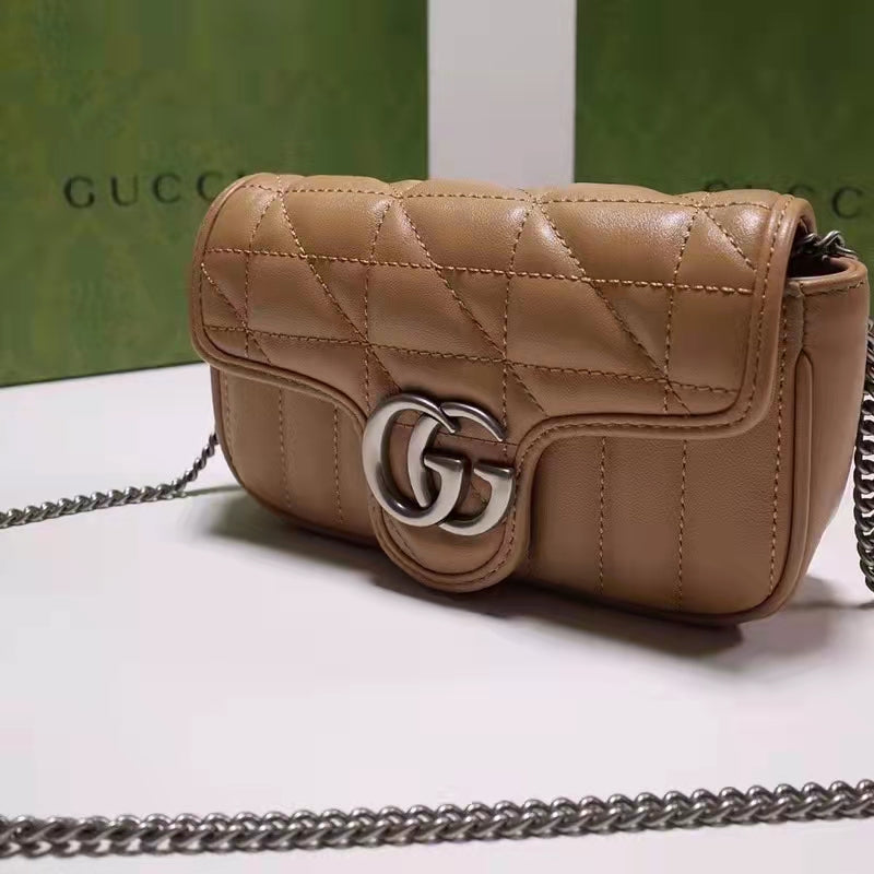 Gucci Women GG Marmont Super Mini Bag Beige Double G Matelassé Leather