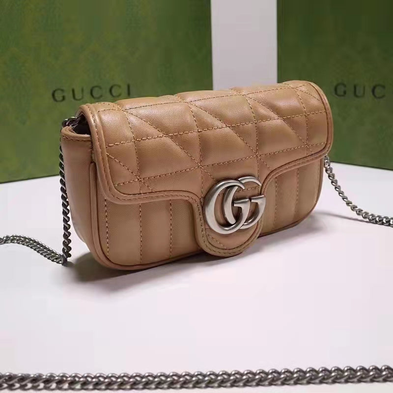 Gucci Women GG Marmont Super Mini Bag Beige Double G Matelassé Leather