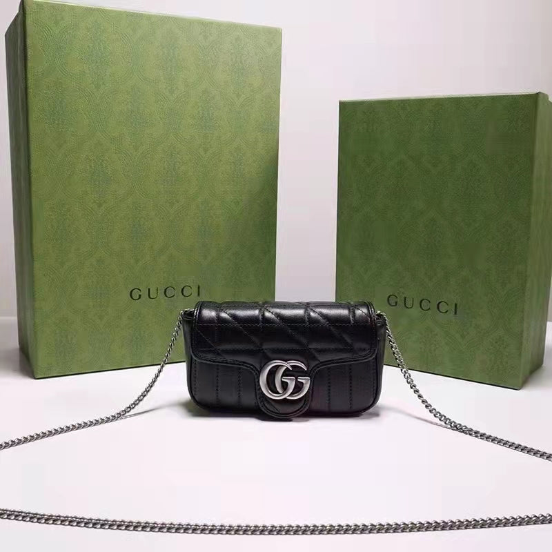 Gucci Women GG Marmont Super Mini Bag Black Double G Matelassé