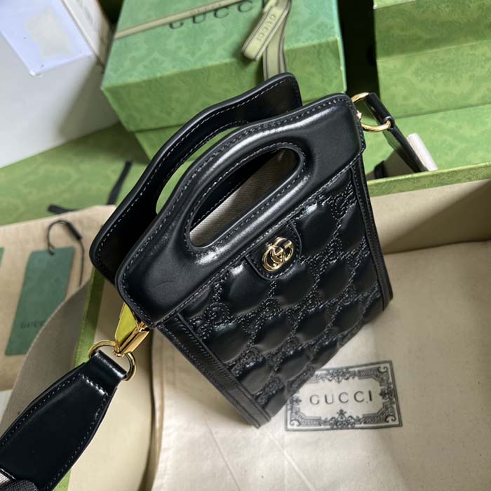 Gucci Women GG Marmont Top Handle Mini Bag Black Matelassé Leather Double G