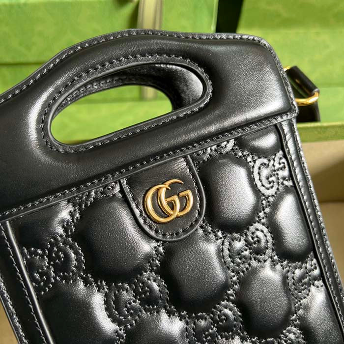 Gucci Women GG Marmont Top Handle Mini Bag Black Matelassé Leather Double G