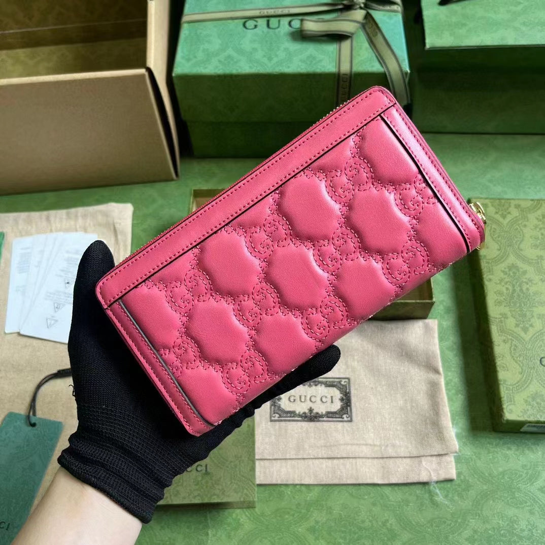 Gucci Women GG Marmont Zip Around Wallet Pink Matelassé Leather Double G