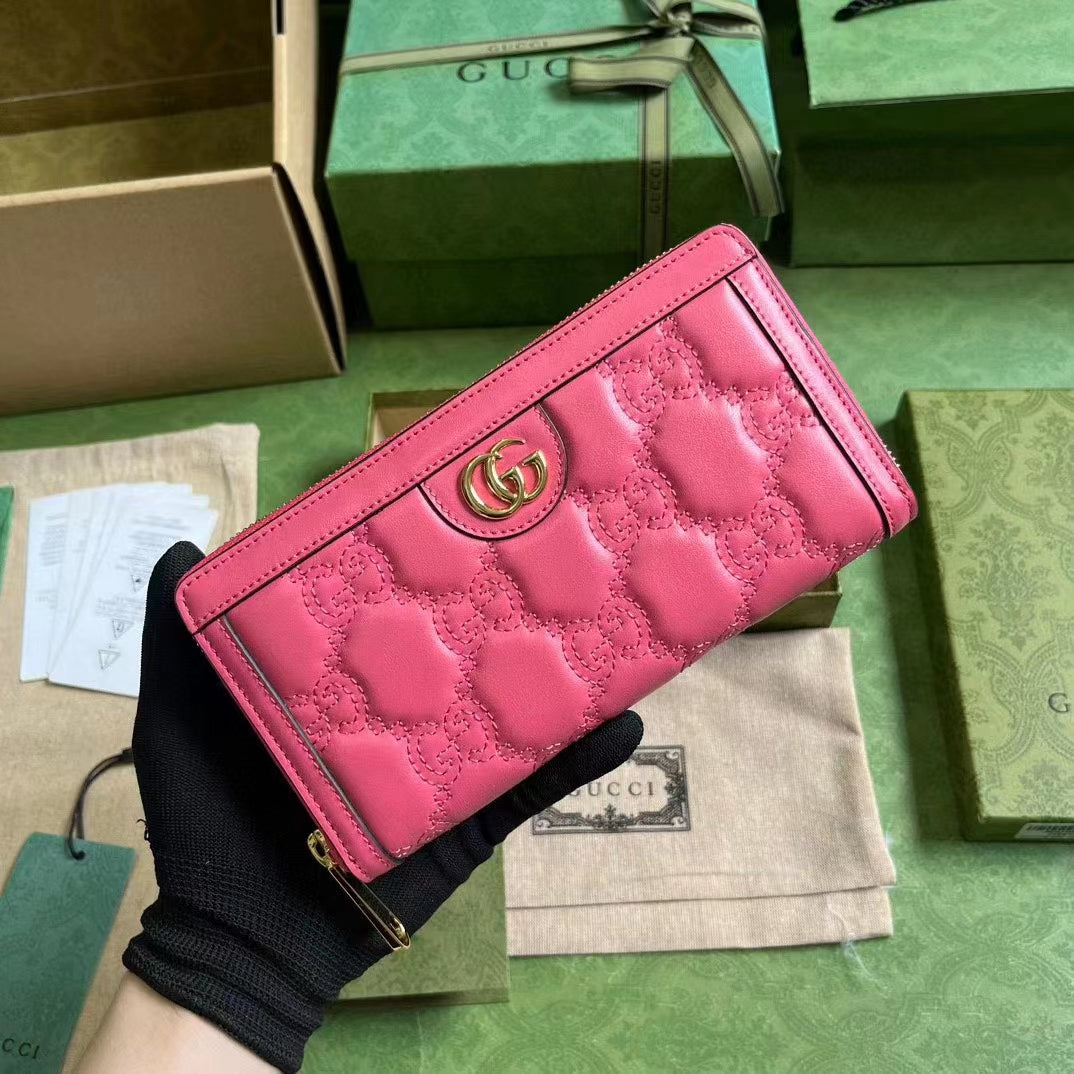 Gucci Women GG Marmont Zip Around Wallet Pink Matelassé Leather Double G