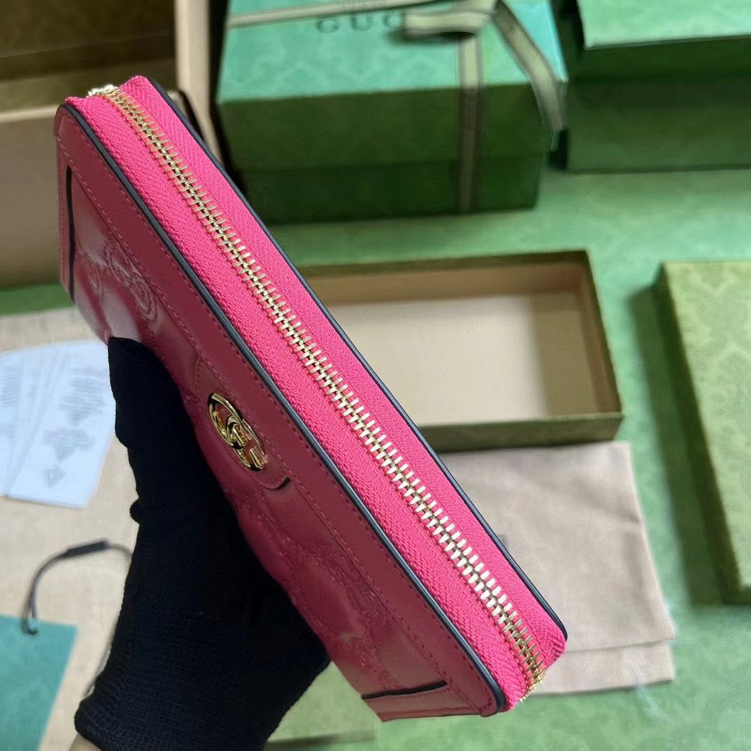 Gucci Women GG Marmont Zip Around Wallet Pink Matelassé Leather Double G