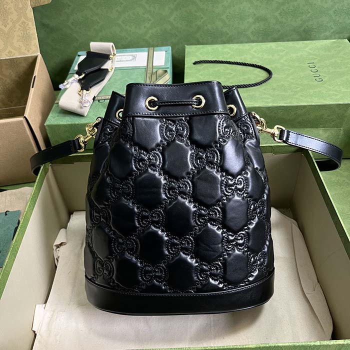 Gucci Women GG Matelassé Bucket Bag Black Leather Double G