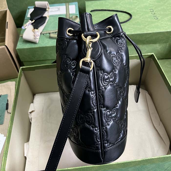 Gucci Women GG Matelassé Bucket Bag Black Leather Double G