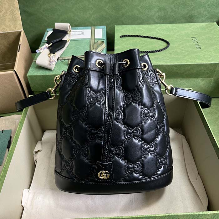 Gucci Women GG Matelassé Bucket Bag Black Leather Double G