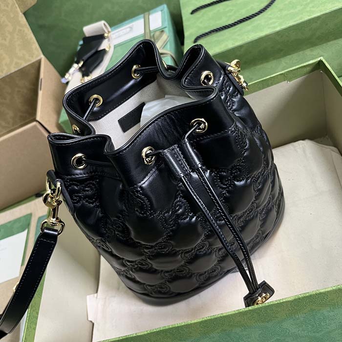 Gucci Women GG Matelassé Bucket Bag Black Leather Double G