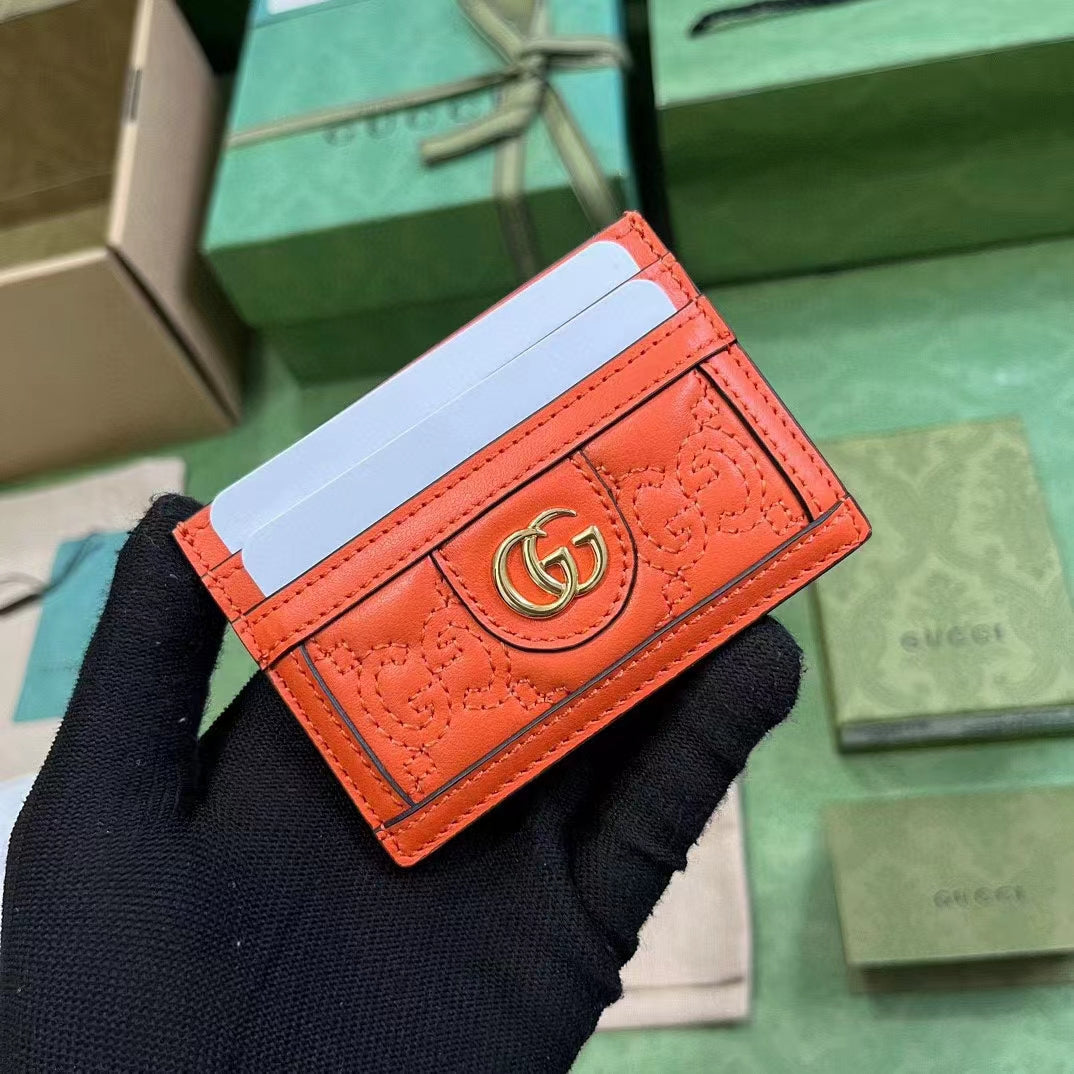 Gucci Women GG Matelassé Card Case Orange Leather Double G Four Card Slots