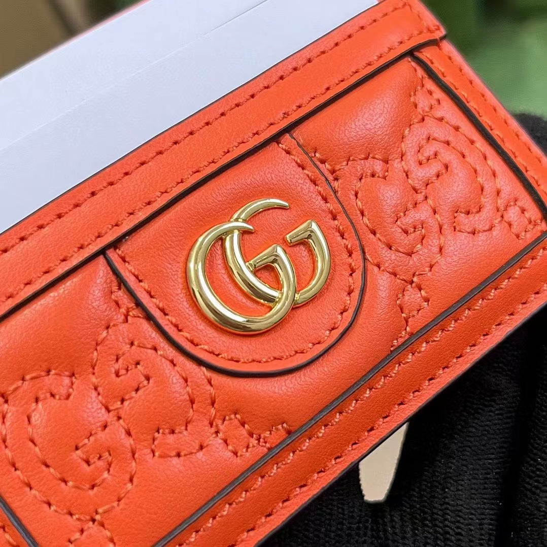 Gucci Women GG Matelassé Card Case Orange Leather Double G Four Card Slots