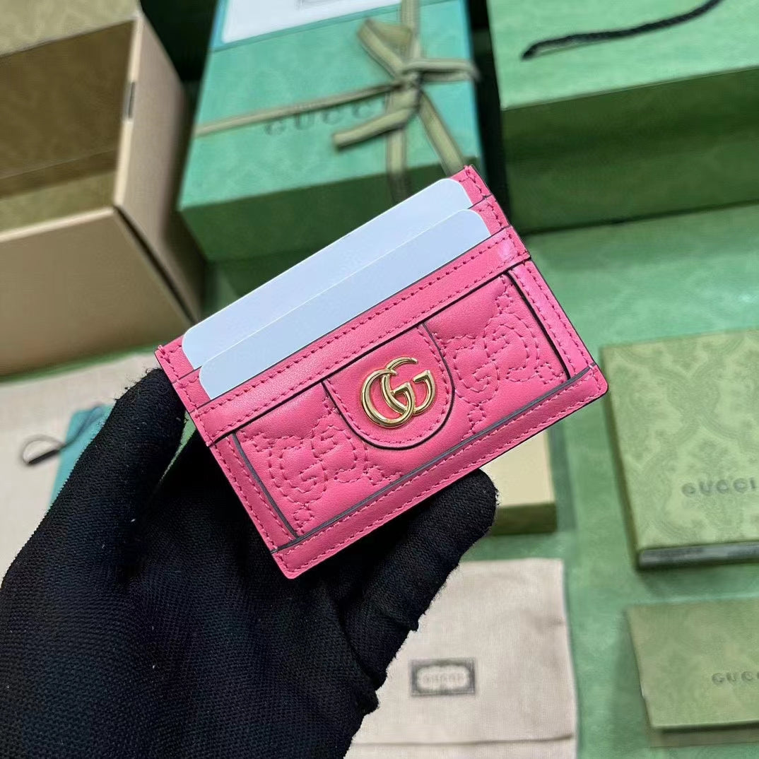 Gucci Women GG Matelassé Card Case Pink Leather Double G Four Card Slots