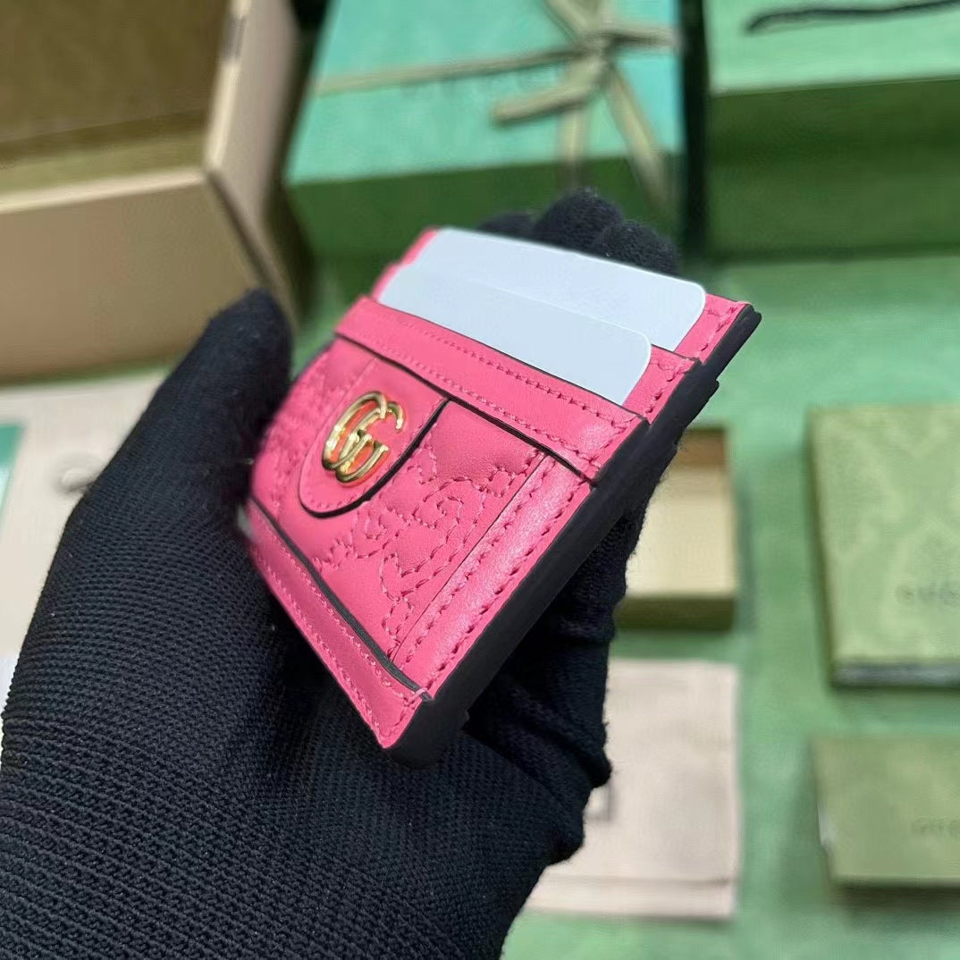 Gucci Women GG Matelassé Card Case Pink Leather Double G Four Card Slots