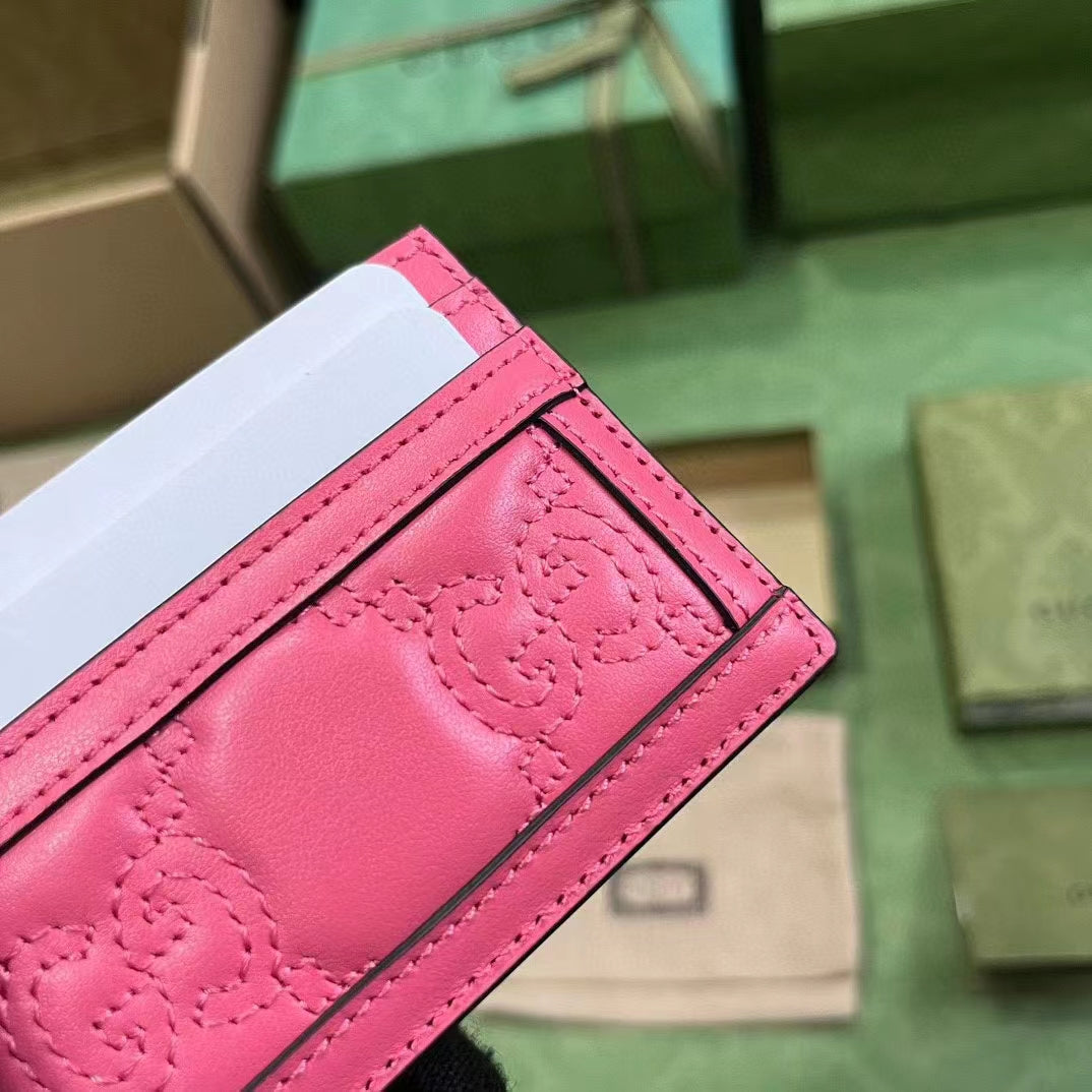 Gucci Women GG Matelassé Card Case Pink Leather Double G Four Card Slots