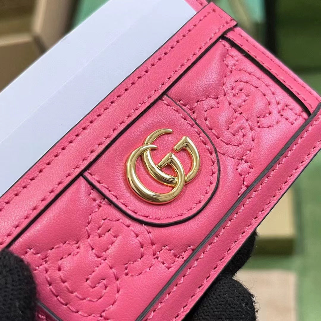 Gucci Women GG Matelassé Card Case Pink Leather Double G Four Card Slots