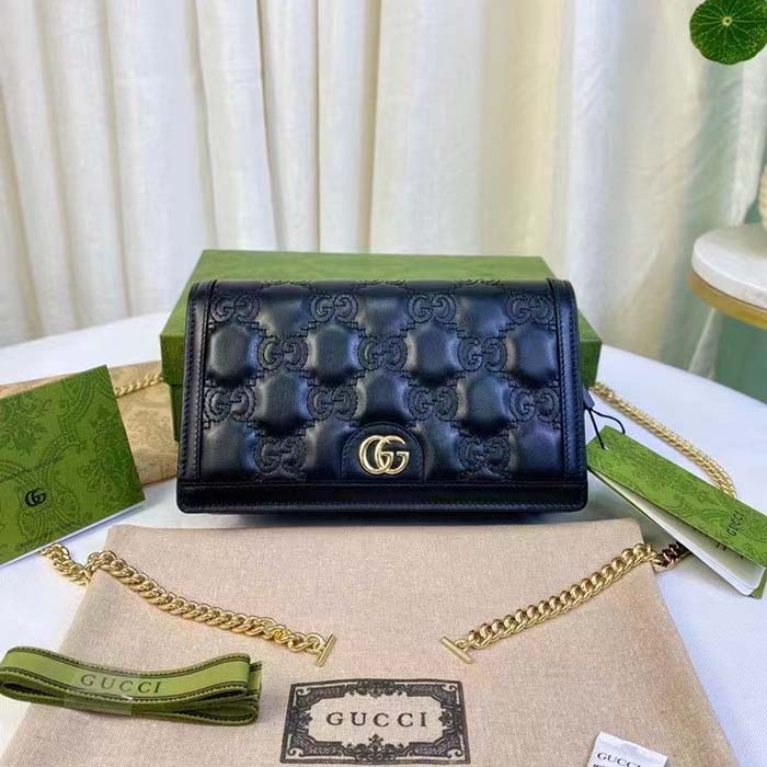 Gucci Women GG Matelassé Chain Wallet Black GG Matelassé Leather Double G