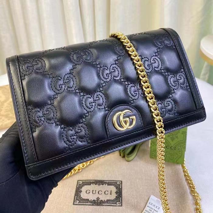 Gucci Women GG Matelassé Chain Wallet Black GG Matelassé Leather Double G