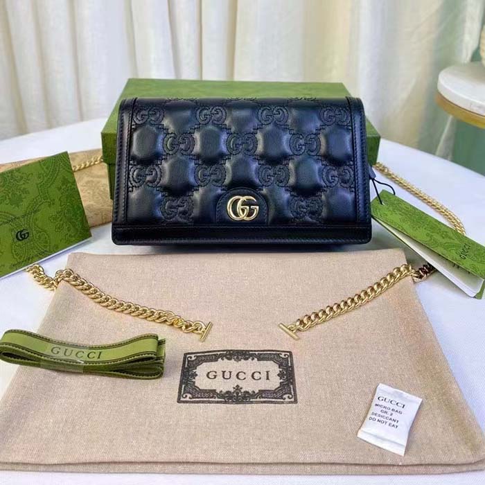 Gucci Women GG Matelassé Chain Wallet Black Leather Double G Chain Strap