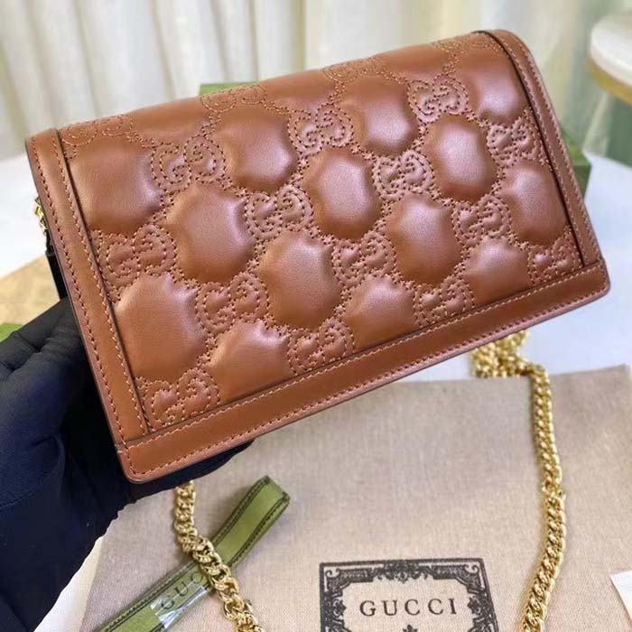 Gucci Women GG Matelassé Chain Wallet Brown Leather Double G Chain Strap