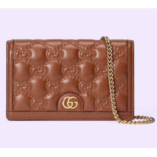 Gucci Women GG Matelassé Chain Wallet Brown Leather Double G Chain Strap