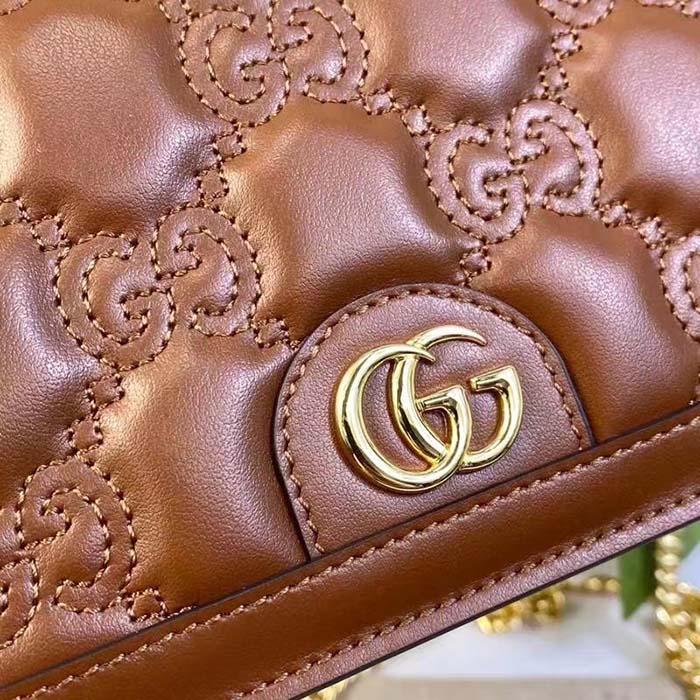 Gucci Women GG Matelassé Chain Wallet Brown Leather Double G Chain Strap