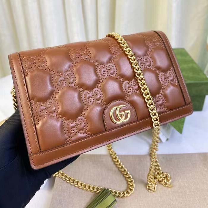 Gucci Women GG Matelassé Chain Wallet Brown Leather Double G Chain Strap