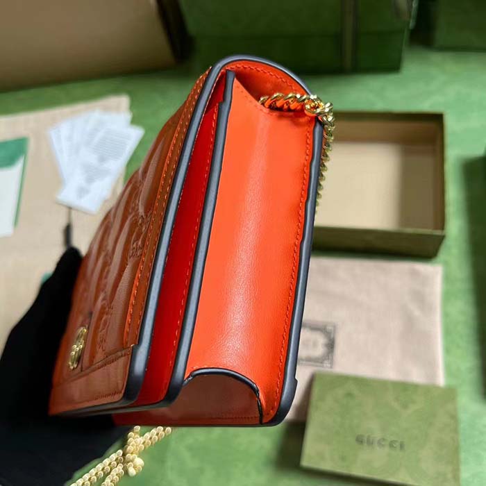 Gucci Women GG Matelassé Chain Wallet Orange Leather Double G Chain Strap