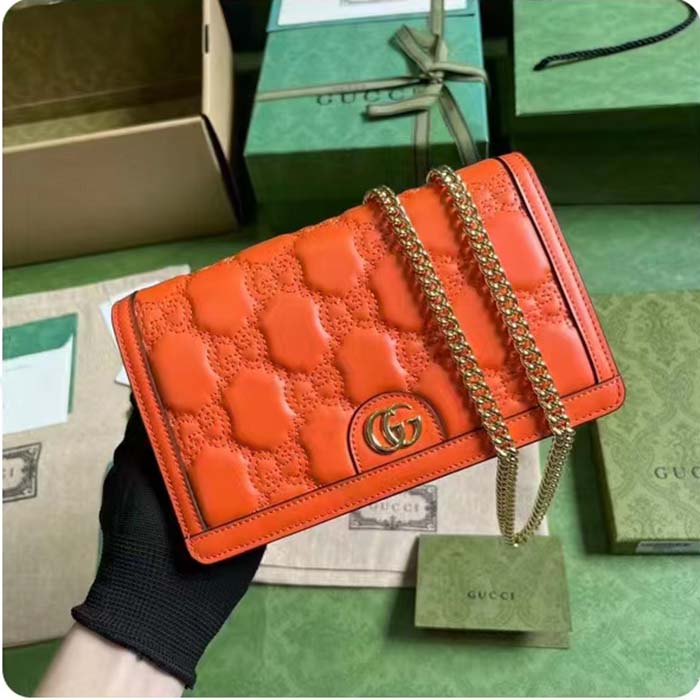 Gucci Women GG Matelassé Chain Wallet Orange Leather Double G Chain Strap