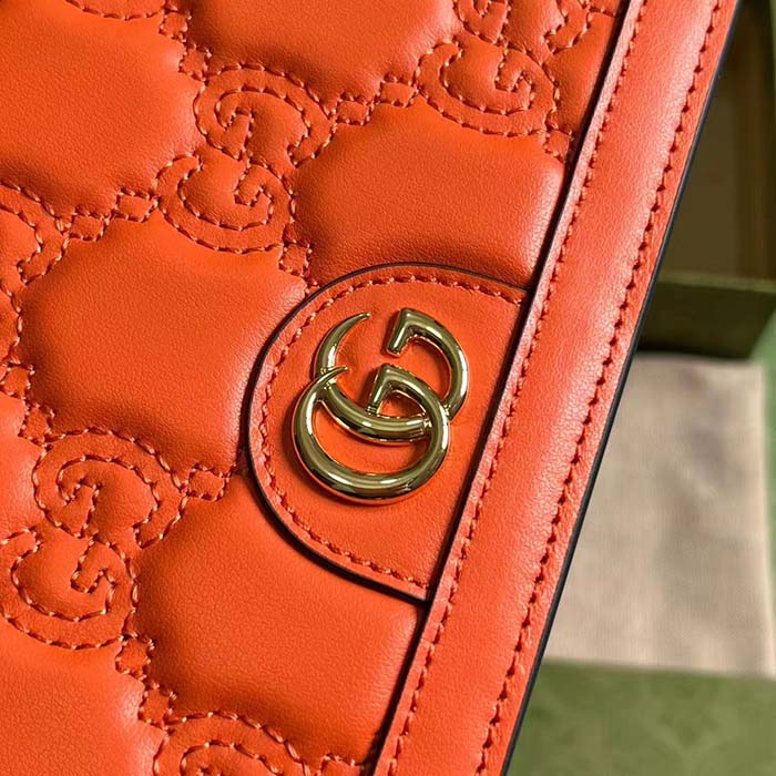 Gucci Women GG Matelassé Chain Wallet Orange Leather Double G Chain Strap