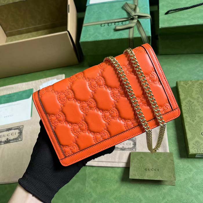 Gucci Women GG Matelassé Chain Wallet Orange Leather Double G Chain Strap